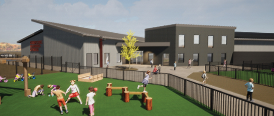                     PIVOT Architecture Architectural rendering of the Klamath Community College Childcare Learning Center currently under construction on the college campus. The center will support 12 classrooms for 144 children infant to age 5 in a preschool learning environment. It will also have two classrooms for KCC Early Childhood Learning students. Plans are to open the center in 2027.