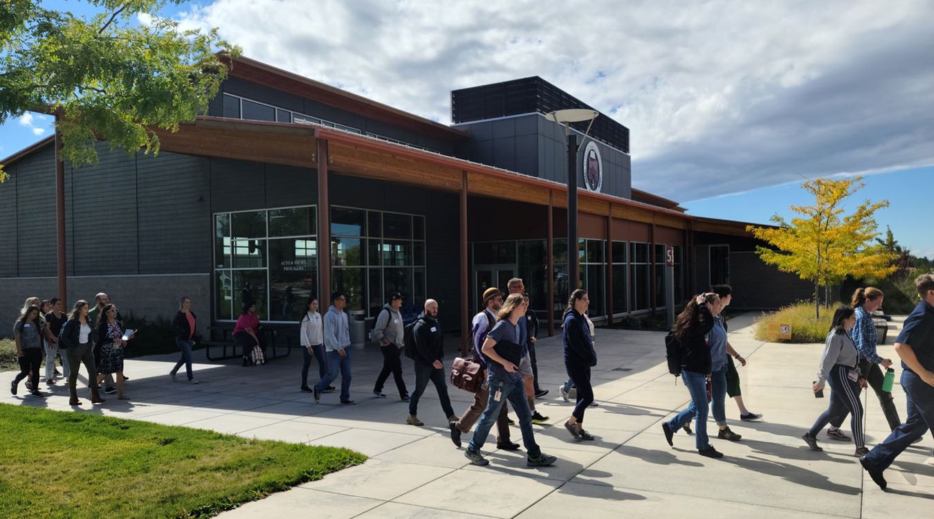 group of students walking on campus