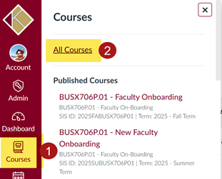 Image of the canvas interface with a red number 1 next to the courses icon and a number 2 next to all courses at the top