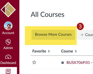 The canvas interface with the browse more courses button highlighted and a red #3 next to it.