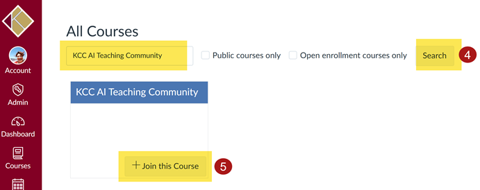 Canvas interface with the search bar filled with KCC AI teaching community highlighted, the search button highlighted, and the join this course button highlighted